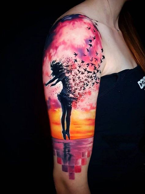 Inspiring Women Tattoo, Wind Tattoo Blowing, Colorful Shoulder Tattoos For Women, Colors Of The Wind Tattoo, Sky Tattoo Sleeve, Wind Tattoo Ideas, Watercolor Sleeve Tattoo, Watercolor Tatoos, Colorful Tattoo Ideas