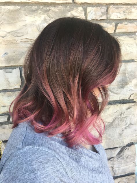 Pink Tips Hair Brunette Short, Shoulder Length Brown And Pink Hair, Pink Bayalage Hair Brunette, Brunette Pink Ombre, Shoulder Length Hair Color Ideas Fun, Short Brown Hair With Pink Tips, Brown To Pink Balayage Short Hair, Short Brown Hair With Pink Highlights, Pink Hair Color Ideas For Short Hair