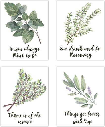 Amazon.com: A LuxeHome Wall Art Home Prints Signs Room Decor - for Kitchen and Dining Decorations - Botanical Herbs Spices Plant (Set of 4) Unframed 8 x 10 inches Green: Posters & Prints Signs Room Decor, Herb Puns, Kitchen Quotes Decor, Green Kitchen Walls, Green Kitchen Accessories, Watercolor Herbs, Kitchen Wall Art Printables, Herb Art, Colorful Kitchen Decor