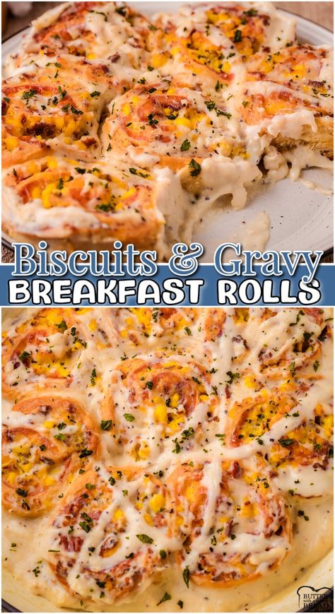 BISCUITS AND GRAVY BREAKFAST ROLLS - Butter with a Side of Bread Breakfast Pinwheels, Biscuits And Gravy Breakfast, Biscuit Gravy, Easy Breakfast Treats, Eggs And Cheese, Breakfast Slider, Favorite Breakfast Recipes, Breakfast Rolls, Ultimate Breakfast