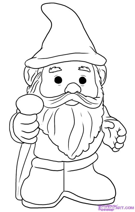 How to Draw a Gnome, Step by Step, Stuff, Pop Culture, FREE Online ... Draw A Gnome, Gnome Coloring Pages, Fairies Elves, Gnomes Crafts, Guided Drawing, Stained Glass Patterns, Coloring Book Pages, Digital Stamps, Colouring Pages