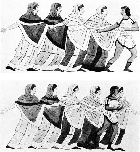 Greek dance ca. 400 BCE from a tomb painting. Tomb Painting, History Of Dance, Ritual Dance, Period Dress, Ancient Greece, Women's Costumes, The Dance, Ancient Greek, Ritual