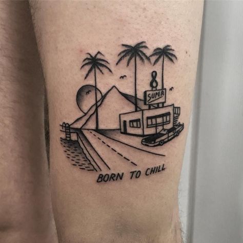 Tattoo by xgusakx #xgusakx #landscapetattoos #linework #blackwork #text #quote #chill #motel #hotel #car #swimmingpool #mountains #palmtrees #sun #travel #road Hotel California Tattoo, Road Tattoo Design, Chill Tattoo Ideas, Road Trip Tattoo, Roadtrip Tattoo, Hotel Tattoo, Chill Tattoo, Road Tattoo, Cyberpunk Tattoo