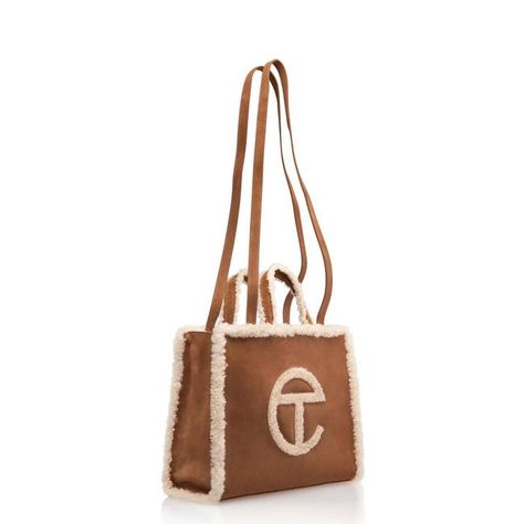 Telfar Ugg Medium Shopper Chestnut Shearling Brown Leather Tote Listed By Maria R. - Tradesy Ugg Telfar, Telfar X Ugg, Shearling Bag, Telfar Bags, Ugg Bag, Winter Bags, Fall Handbags, Vegan Leather Tote, Brown Leather Totes