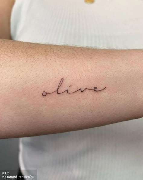 Olive Name Tattoo, Name Tattoos In Cursive, Oliver Tattoo Name, Oliver Tattoo, Cursive Name Tattoo, Levi Tattoo, Small Name Tattoo, Word Names, Olive Tattoo