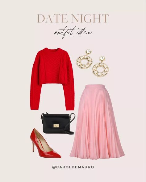 Looking for the perfect date night outfit? Check this out! A red sweater paired with a pink skirt and leather bag will give you a flirty and feminine look. Add a pair of red heels, cocktail earrings, and you'll have a look that will be sure to dazzle. So put on your best outfit, and get ready to have a night to remember! Click the link to shop! Elegant Red Skirt For Date Night, Red Sweater And Black Skirt Outfit, Red Sweater Black Skirt Outfit, Pink Sweater Black Skirt, Chic Pink Midi Pleated Skirt, Red Top Outfit, Cocktail Earrings, Top Fashion Bloggers, Red Heels