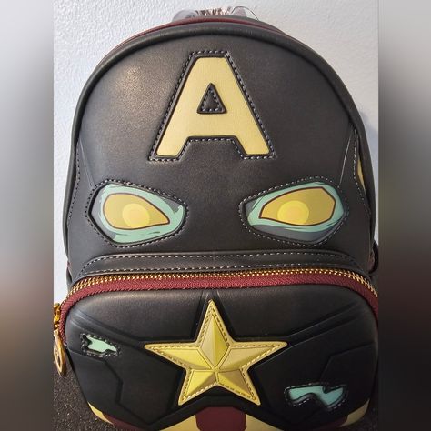 Backpack Size: W: 9" X H: 10.5" X D: 4.5" Faux Leather Mini Backpack. Applique, Glow In The Dark, Debossed, Enamel Zipper Pull, And Printed Details All Bags Sold As-Is, Returns Not Accepted. Zombie Captain America, Loungefly Collection, Star Wars Jawa, Marvel What If, Captain America Cosplay, Minnie Mouse Backpack, Batman Cosplay, Disney Brave, Sequin Backpack