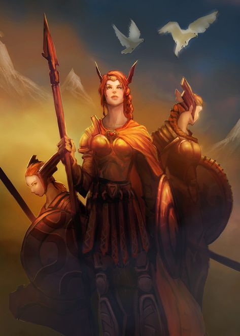 Valkyries, Matt Forsyth on ArtStation at https://www.artstation.com/artwork/XJ8mD Viking Drawings, Nordic Inspiration, Norse Gods, Norse Goddess, Fantasy Role Playing, Celtic Mythology, Girls Characters, Freelance Illustrator, Gods And Goddesses