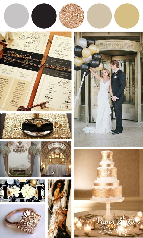 Black And Gold Summer Wedding, Wedding Color Schemes Black And Gold, Wedding Color Schemes Gold, White And Gold Wedding Themes, Palette Summer, Roaring 20s Wedding, Wedding Planning Boards, Wedding Theme Color Schemes, 20s Wedding