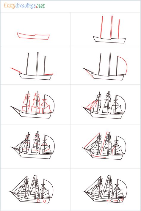 Draw A Pirate Ship, Drawing Ship, Pirate Ship Drawing, Drawing Step By Step, Drawing Lesson, Drawing Step, Ship Drawing, Denim Projects, Pirate Ship