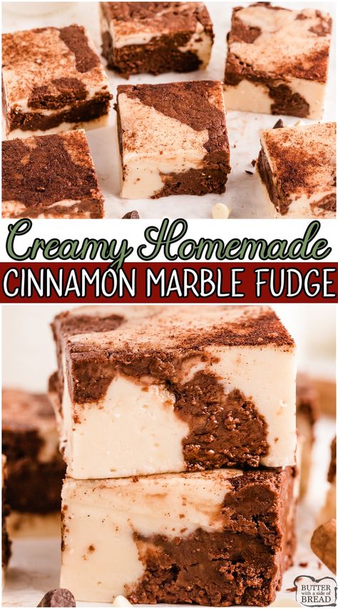 Cinnamon Roll Fudge, Marble Desserts, Cinnamon Fudge Recipe, Cinnamon Fudge, Fudge Ideas, Marshmallow Recipes, Fudge Dessert, Fudge Shop, Homemade Fudge Recipes