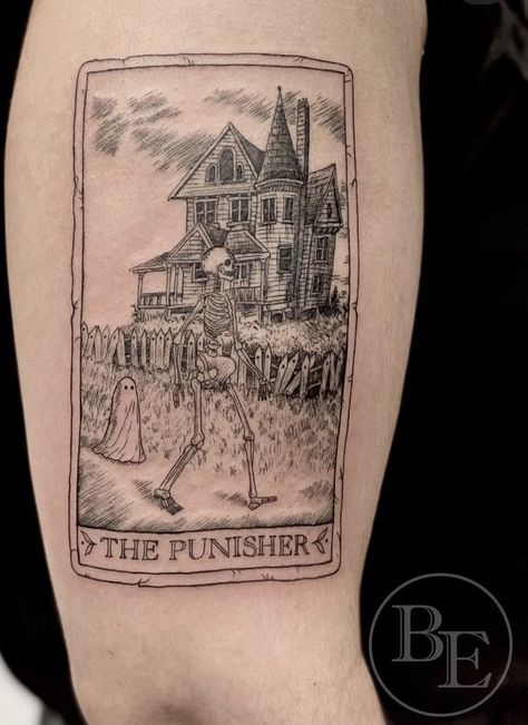 punisher tarot card phoebe bridgers tattoo fine line haunted house skelton ghost Better Oblivion Community Center, Punisher Tattoo, Tarot Tattoo, Tarot Card Tattoo, Armband Tattoos, Latest Tattoos, Sternum Tattoo, Phoebe Bridgers, Card Tattoo