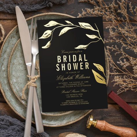 Elegant Simple Branch Black Bridal Shower Gold Foil Invitation Black And Gold Bridal Shower Ideas, Gold Foil Invitation, Chic Bridal Showers, Elegant Bridal Shower, Black Wedding Invitations, Gold Bridal Showers, Foil Wedding Invitations, Black Bridal, Foil Invitations