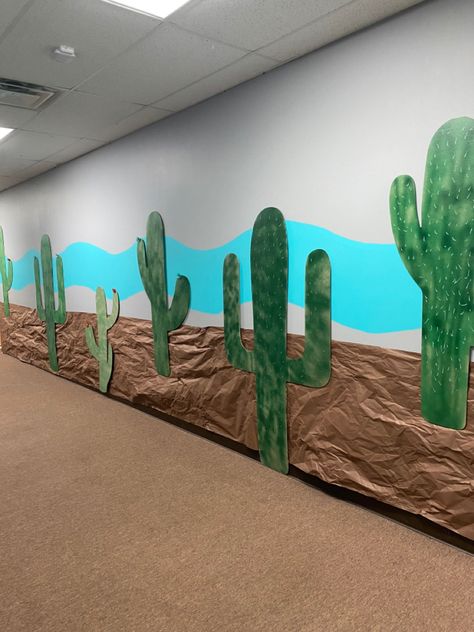 Desert Decoration Ideas Party, Western Theme School Hallway, Western School Decorations, Vbs Monumental Decorations, Wild West Hallway Decorations, Vbs Desert Decorations, Saddle Ridge Ranch Vbs, Western Themed Vbs, Desert Stage Design