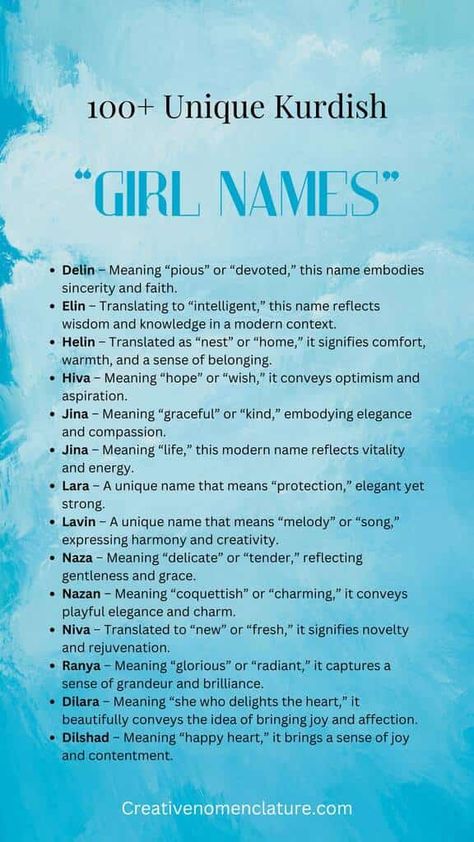 100+ Unique Kurdish Girl Names to Embrace Tradition Kurdish Names, Persian Names, Kurdish Girl, Middle Names For Girls, Happy Names, Elegant Names, Modern Names, Sims Ideas, Creative Names