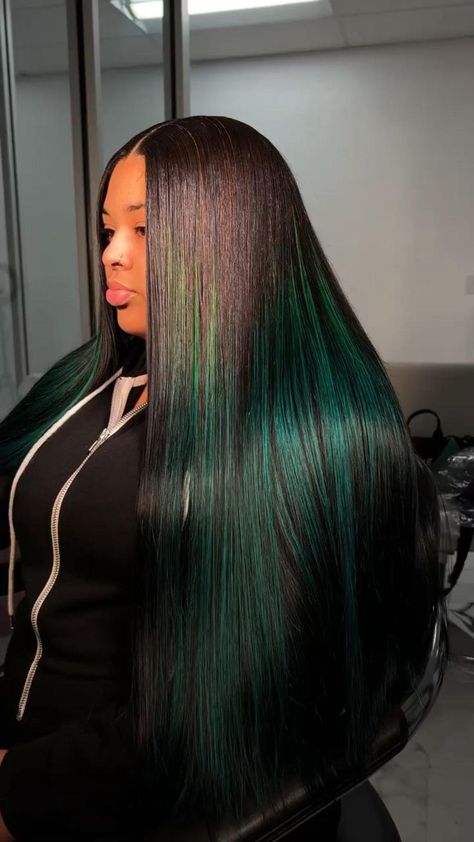 Pin on highlight wig Dark Green Hair, Highlight Wig, Green Wig, Green Highlights, Pretty Hair Color, High Ponytail, Dope Hairstyles, Front Lace Wigs Human Hair, Baddie Hairstyles