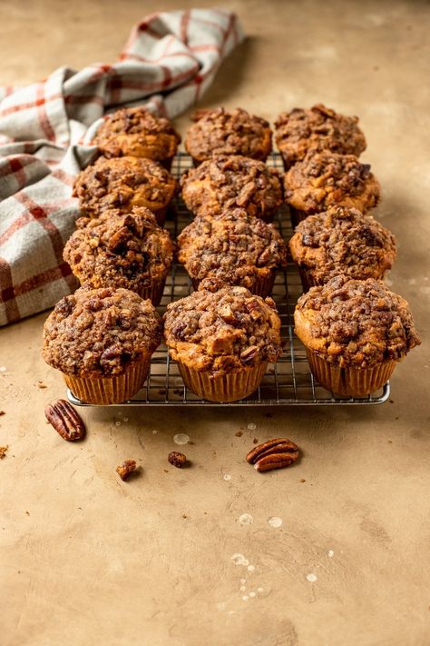 Sweet Potato Muffins with Pecan Streusel - Bakes by Brown Sugar Brown Sugar Muffins, Sweet Potato Muffin Recipe, Pecan Pie Muffins, Sweet Potato Pecan, Pecan Muffins, Potato Muffins, Recipes For Fall, Sweet Potato Muffins, Sweet Potato And Apple