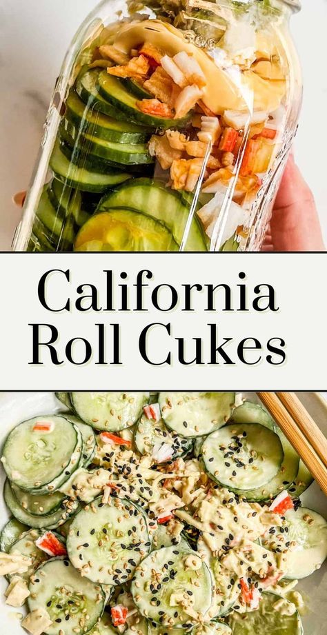 Have you tried the whole cucumber salads going viral on TikTok? This sliced cucumber California roll salad is so worth making! If you like California rolls, you'll love this easy dish. It's fresh, creamy, crispy, and has lots of great flavor! Low Carb California Roll, Sushi Cucumber Salad Recipe, Spicy Tuna Cucumber Salad, Sliced Cucumber Salad, Cucumber Salad Everything But The Bagel, California Roll Salad Recipe, California Roll Cucumber, Viral Cucumber Salad With Salmon, Whole Cucumber Salad