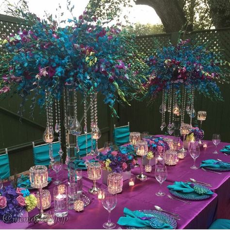 Peacock Theme Party Table Centerpieces, Peacock Sweet 16, Peacock Birthday Party Decorations Color Schemes, Peacock Party Theme Decoration, Peacock Colors Wedding, Peacock Theme Wedding Decoration, Peacock Color Wedding Theme, Purple And Blue Party Decorations, Peacock Party Ideas