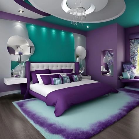 Teal And Purple Bedroom, Purple Gray Bedroom, Turquoise And Purple Bedroom, Blue Bedroom Ideas For Couples, Blue And Purple Bedroom, Adult Women Bedroom Ideas Decor, Purple And Gray Bedroom, White Furniture Decor, Purple Bedroom Ideas