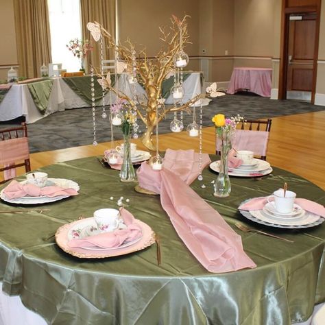 Pink And Green Table Setting, Chiffon Runner, Manzanita Tree Centerpieces, Pink Table Decorations, Green Table Settings, Blush Pink Chair, Elegant Tablescapes, Event Decor Ideas, Angel Birthday