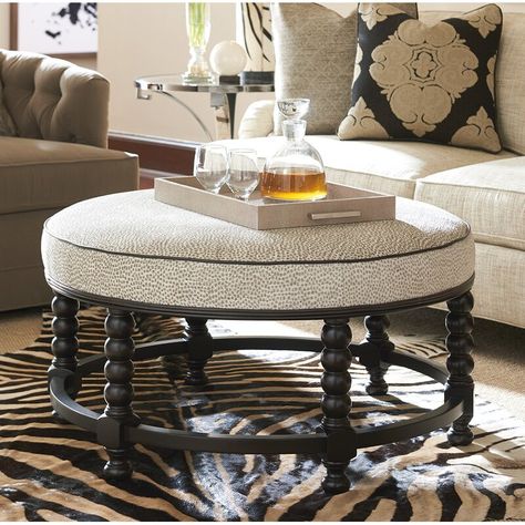 Barclay Butera Naples 39" Round Cocktail Ottoman | Wayfair Ottoman Wood, Leather Cocktail Ottoman, Barclay Butera, Square Pouf, Cube Ottoman, Cocktail Ottoman, Round Ottoman, Ottoman In Living Room, Upholstered Ottoman