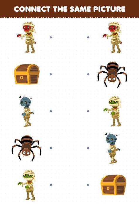 Education game for children connect the same picture of cute cartoon mummy chest spider halloween printable worksheet Cartoon Mummy, Same Picture, Game For Children, Spider Halloween, Halloween Printable, Printable Halloween, Halloween Spider, Halloween Printables, Night Photography