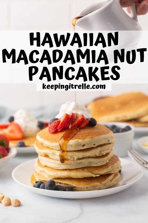 Macadamia Nut Pancakes Macadamia Nut Pancakes Recipes, Macadamia Flour Recipes, Macadamia Nut Sauce For Pancakes, Banana Macadamia Nut Pancakes, Macadamia Pancakes, Usa Dessert, Macadamia Nut Pancakes, Breakfast Pancakes Recipe, Aesthetic Recipes