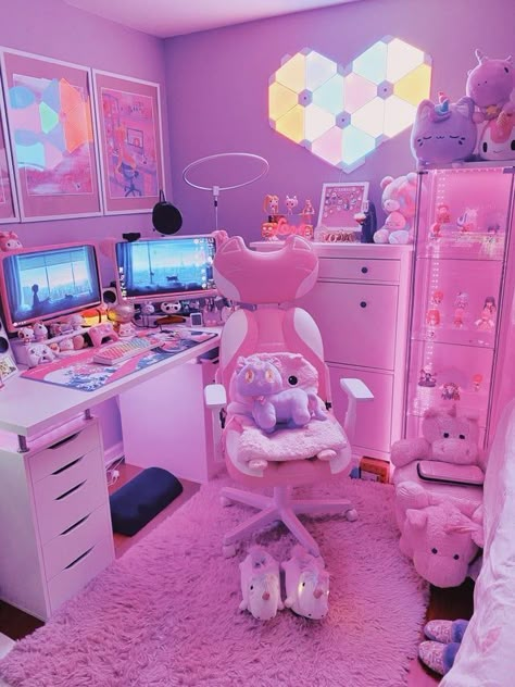 Uwu Makeup, Gaming Corner, Reka Bentuk Bilik Tidur, Kawaii Room Ideas, Hiasan Bilik Tidur, Kawaii Bedroom, Bilik Permainan, Pink Furniture, Video Game Room Design