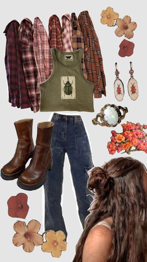 bug themed nature-girl outfit #nature #bugs #flannel #cargo #braid #beetle #eco #outfit Bug Core Outfits, Campcore Aesthetic Outfits, Botany Aesthetic Outfit, Bug Themed Outfit, Bug Aesthetic Outfit, Bug Girl Aesthetic, Eco Girl Aesthetic, Bugcore Outfits, Nature Themed Outfits