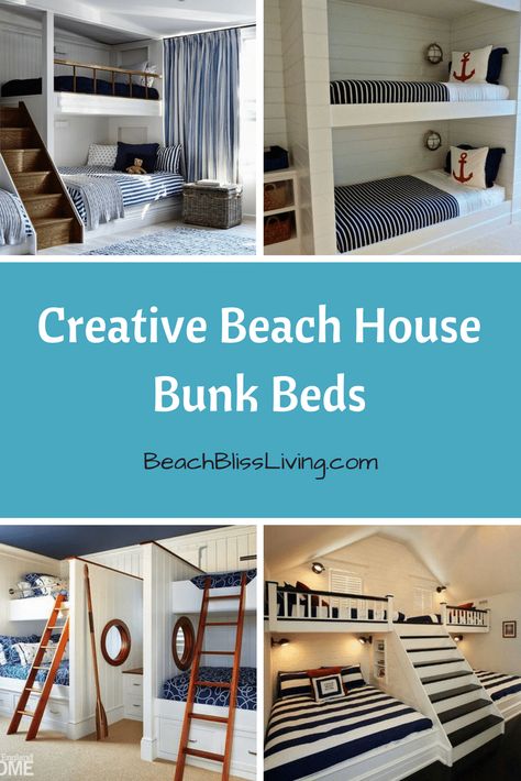 Spruce Up a Bedroom with these Creative Beach Bunk Beds - Beach Bliss Living Bunkroom Beach House, Beach House Beds, Beach Condo Bunk Room, Bunk Beds Beach House, Coastal Bunk Room Ideas, Beach House Bedroom Bunk Beds, Coastal Bunk Bed Rooms, Built In Bunk Beds Beach House, Coastal Bunk Beds