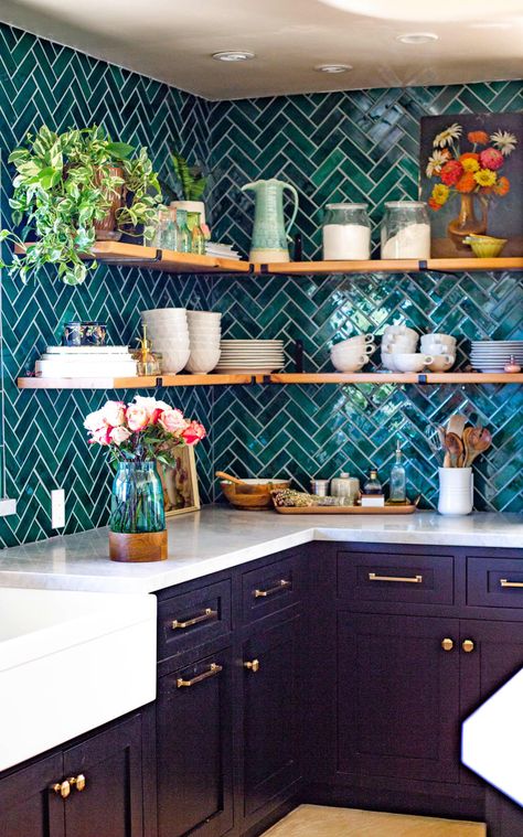 Purple Kitchen Cabinets, Architect Instagram, Biggest Kitchen, Small Kitchen Tiles, Green Tile Backsplash, Moroccan Kitchen, London Football, Bold Kitchen, Purple Kitchen