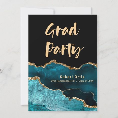 Graduation Party Balloons Teal Gold Agate Invitation | Zazzle Teal Black And Gold Party Decorations, Teal Graduation Party Ideas, Graduation Party Balloons, Grad Party Ideas, Gold Graduation Decorations, Black And Gold Party Decorations, Cars Birthday Invitations, Gold Party Decorations, Grad Cap