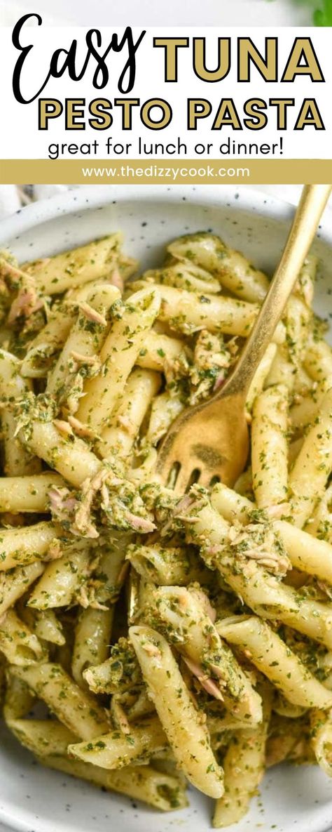 This Easy Tuna Pesto Pasta is the perfect recipe served warm for dinner or cold as a delicious pasta salad for lunch on the go. Only three ingredients are all you need for this tuna pesto recipe: Tuna, pesto, and pasta. If you’re looking for the best tuna for this recipe, I’d suggest highly recommend choosing a tuna packed in olive oil. It’s perfect! Pasta Salad For Lunch, Tuna Pesto Pasta, Tuna Pasta Salad Recipes, Delicious Pasta Salad, Lunch On The Go, Tuna Salad Pasta, Salad For Lunch, Healthy Tuna, Pesto Pasta Recipes