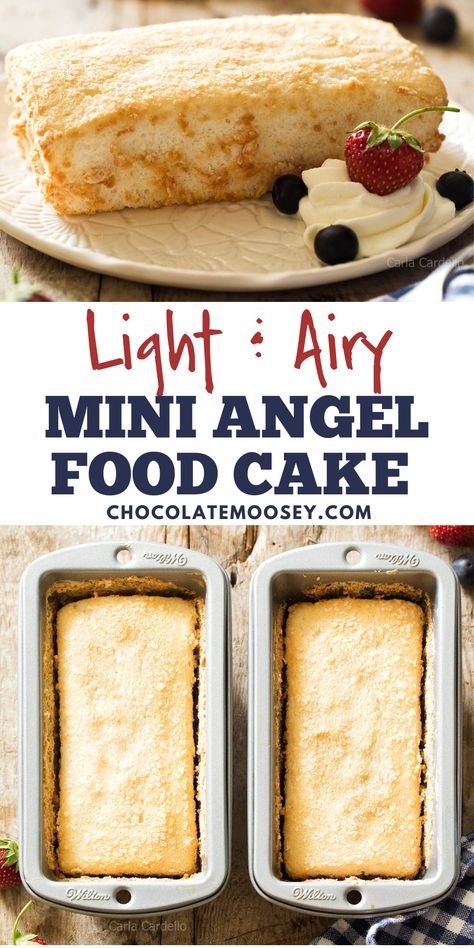 Light & Airy Mini Angel Food Cake are prepared in small loaf pans using whipped egg whites and without cream of tartar. There is technique required in preparing this angel food cake recipe from scratch, but I will walk you through the process to ensure your success. Serve with fresh berries and whipped cream. Angel Food Cake Without Tube Pan, Betty Crocker Angel Food Cupcakes, Single Serve Angel Food Cake, Easy Angel Food Cake Recipes 2 Ingredients, Angel Food Cake Loaf Pan, Cake With Egg Whites Only, Best Angel Food Cake Recipe, How To Make Angel Food Cake, Desserts With Egg Whites