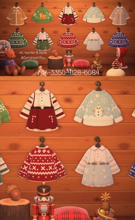 Acnh Holiday Clothes, Christmas Outfit Animal Crossing, Christmas Custom Design Acnh, Christmas Clothes Acnh, Animal Crossing Design Codes Clothes Christmas, Christmas Animal Crossing Codes Clothes, Animal Crossing Christmas Outfits, Acnh Christmas Clothes Codes, Christmas Animal Crossing Clothes