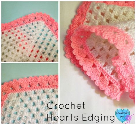 Crochet Hearts edging - free pattern Crochet Heart Borders For Blankets, Crochet Heart Edging Free Pattern, Free Crochet Edging Patterns, Crochet Heart Border, Baby Blanket Edging Crochet, Crochet Blanket Edges Ideas Free Pattern, Crochet Boarder Free Pattern, Crochet Baby Blanket Border, Free Crochet Border Patterns