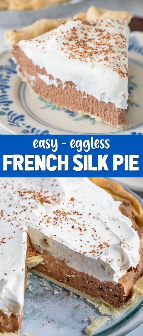 This easy French Silk Pie recipe is egg-free! No eggs makes it simple to make. It's the perfect chocolate pie recipe! via @crazyforcrust Chocolate Silk Pie Recipe, French Silk Pie Recipe, Silk Pie Recipe, Chocolate Pie Recipe, Chocolate Silk Pie, French Silk Pie, Silk Pie, French Recipe, Chocolate Pie Recipes