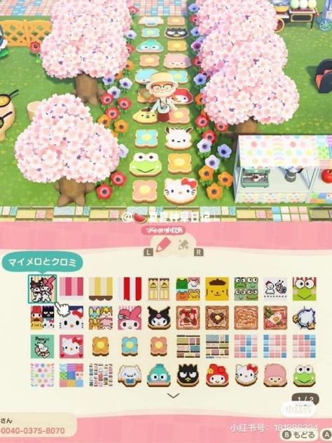 Acnh Clothes Pattern Grid Sanrio, Custom Flooring Animal Crossing, Sanrio Custom Designs Animal Crossing, Designer Codes Animal Crossing, Kawaii Animal Crossing Island Ideas, Animal Crossing Kawaii Codes, Kawaii Animal Crossing Codes, Sanrio Animal Crossing Codes, Acnh Sanrio Island