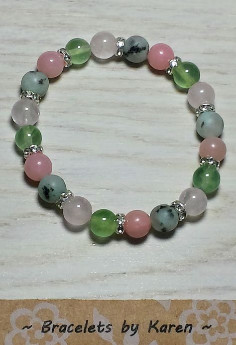 Prehnite, Pink Opal, Kiwi Jasper and Rose Quartz with Rhinestone Spacers Natural Stones Rose Quartz Beaded Bracelets, Handmade Rose Quartz Beads Crystal Bracelet, Pink Rose Quartz Gemstone Beaded Bracelets, Pink Rose Quartz Bracelets With Natural Stones, Kiwi Jasper, Rose Quartz Bracelet Beads, Adult Jewelry, Stretchy Beaded Bracelet, Wood Bead Bracelet