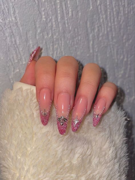 French nails reflective glitter Pink Glitter Almond Nails, Almond Glitter Nails, Glitter Nails Almond, Glitter Almond Nails, Pink French Nails, Long Acrylic, Hot Nails, Luxury Nails, Easy Nail Art