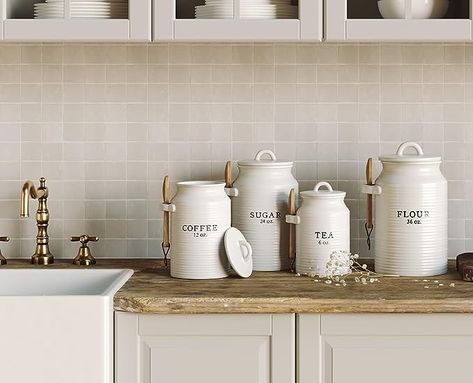 Flour Canister Set, Canister Sets For Kitchen, Kitchen Mantle, Ceramic Kitchen Canister Sets, Farmhouse Lifestyle, Farmhouse Canisters, Tea Coffee Sugar Canisters, Ceramic Kitchen Canisters, Pan Storage