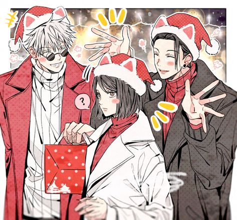 Gojo Christmas Fanart, Jjk Christmas Icons, Gojo Christmas, Trio Pfps, Anime Trio, Jjk Art, Cat Santa Hat, Christmas Anime, Sans Art