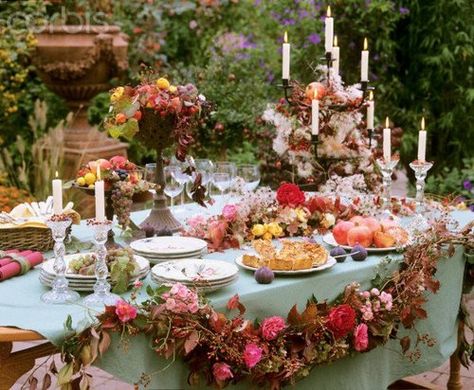 Fairy Tale fantasy table setting. Drama created through height and a great colour mix. Midsummer Nights Dream Party, Midsummer Nights Dream Wedding, Decoration Evenementielle, Dream Party, Fairy Wedding, Tea Party Garden, Midsummer Nights Dream, Forest Wedding, Buffet Table