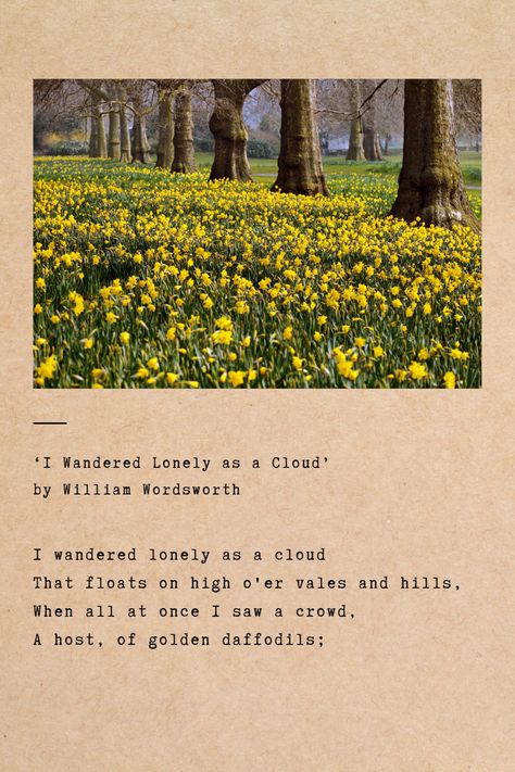 'I Wandered Lonely as a Cloud' by William Wordsworth conveys a sense of solitude and then sudden joy upon encountering a beautiful natural scene.  Excited to learn more poems from William Wordsworth? Follow us and visit our website.  #author #WilliamWordsworth #IWanderedLonelyasaCloud #poems Williams Wordsworth Poems, Poem About Happiness, Wordsworth Poems, William Wordsworth Quotes, William Wordsworth Poems, Dramatic Monologues, Popular Poems, Most Famous Poems, Poem Analysis