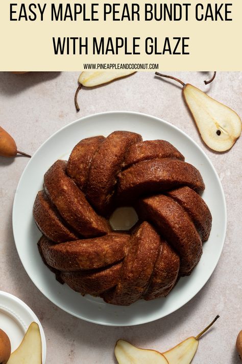 A delicious, moist bundt cake chock full of pears, fall spices and maple flavors. A great substitute for pies during the holiday season. Pear Bundt Cake, Moist Bundt Cake, Cake Magic, Pineapple And Coconut, Magic Cake, Maple Glaze, Bundt Cakes Recipes, Fall Spices, Bundt Pan