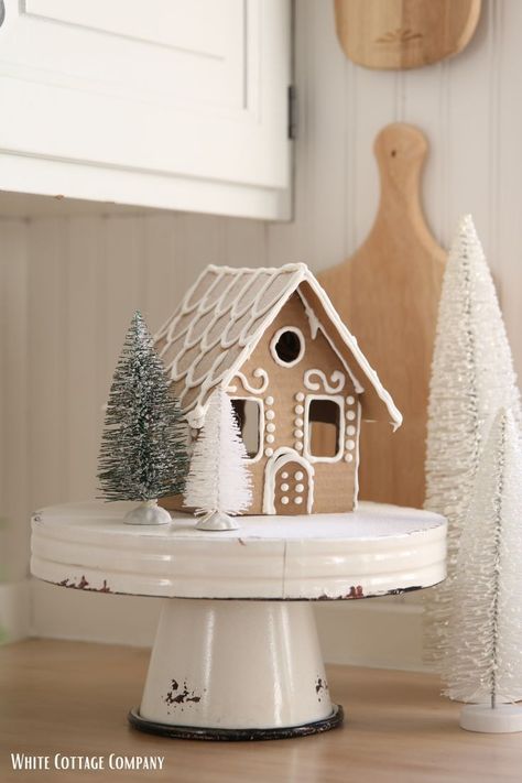 Gingerbread House ~ DIY Christmas Decorations ~ Neutral Christmas Decor ~ White Cottage Company Christmas Decorations Neutral, White Cottage Company, Christmas Decorations Simple, Gingerbread House Diy, White Gingerbread House, Christmas Decor White, Simple Christmas Decorations, Georgia Christmas, Ginger Bread House Diy