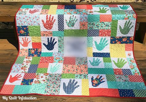 My Quilt Infatuation: Anniversary Quilt and NTT Hand Print Quilt Ideas, Anniversary Quilt Ideas, Family Quilt, How To Applique On A Quilt, Anniversary Quilt, Handprint Quilt Ideas, Handprint Quilt, Handprint Quilts Hands, Quilt For Grandma From Grandkids