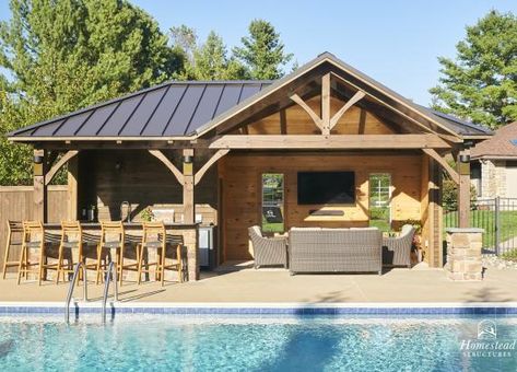 Pool Cabana Bar Ideas, Backyard Pavilion With Hot Tub, Pool Shelter Ideas, Pool House Storage Shed, Outdoor Kitchen Pool House, Pool Off Back Porch, Backyard Pool House Ideas, Pool House Ideas Sheds, Rustic Pool House Ideas