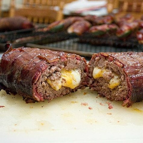 Bacon Cheeseburger Fatty - smoked in a Bradley beef, cheddar Summer Dinner Recipes Grill, Bacon Weave, Smoked Meatloaf, Bbq Spice, How To Make Bacon, Pellet Grill Recipes, Bbq Bacon, Smoked Meat Recipes, Smoked Cooking